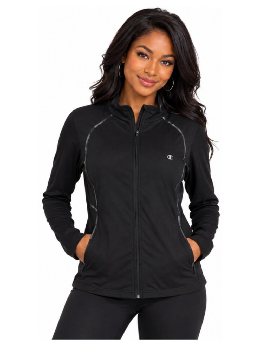 Champion Women’s Black Track Jacket Full Zip Stretch Athletic Top 91% Polyester